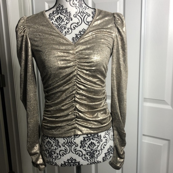 Rachel Zoe Gold Ruched Front Long Sleeve Blouse S - Picture 2 of 6